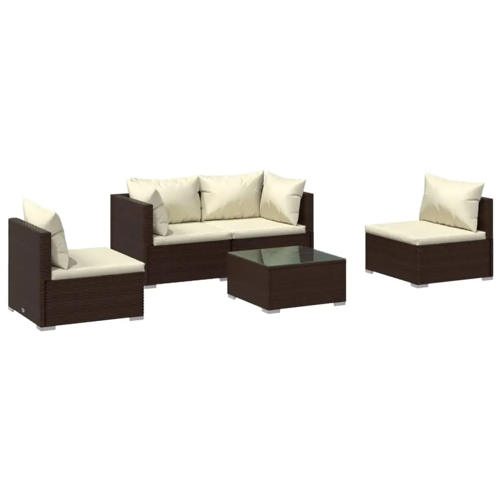 5 Piece Garden Lounge Set with Cushions Poly Rattan Brown 3102178 - Furniture