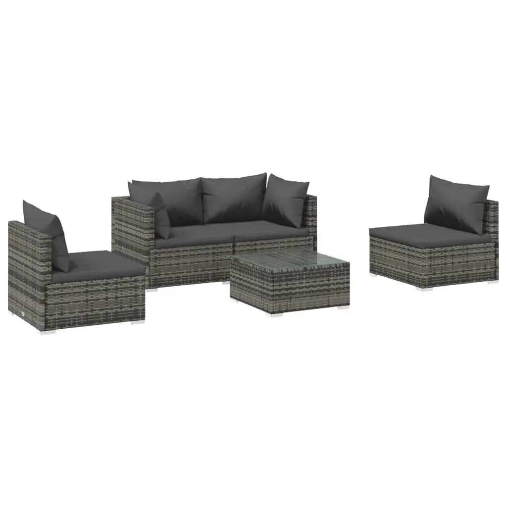 5 Piece Garden Lounge Set with Cushions Poly Rattan Grey 3102181 - Furniture
