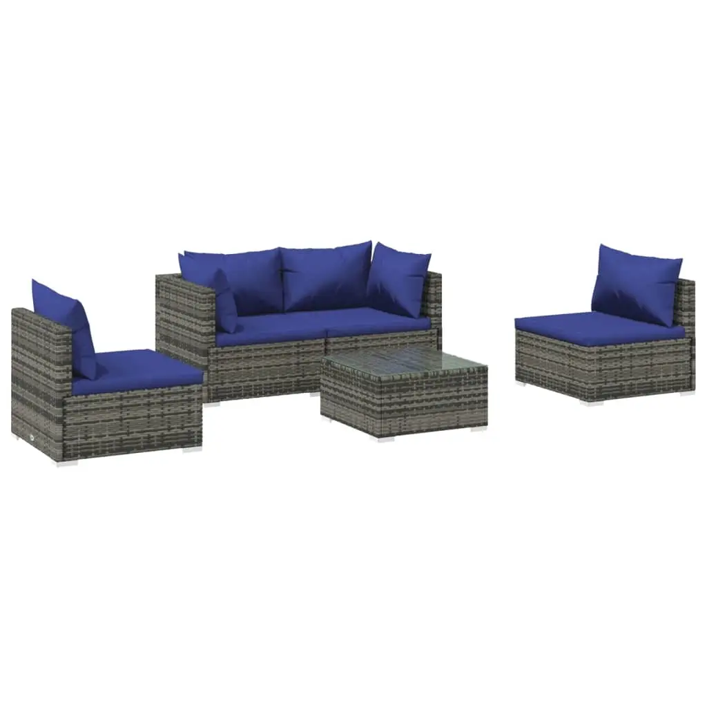 5 Piece Garden Lounge Set with Cushions Poly Rattan Grey 3102182 - Furniture