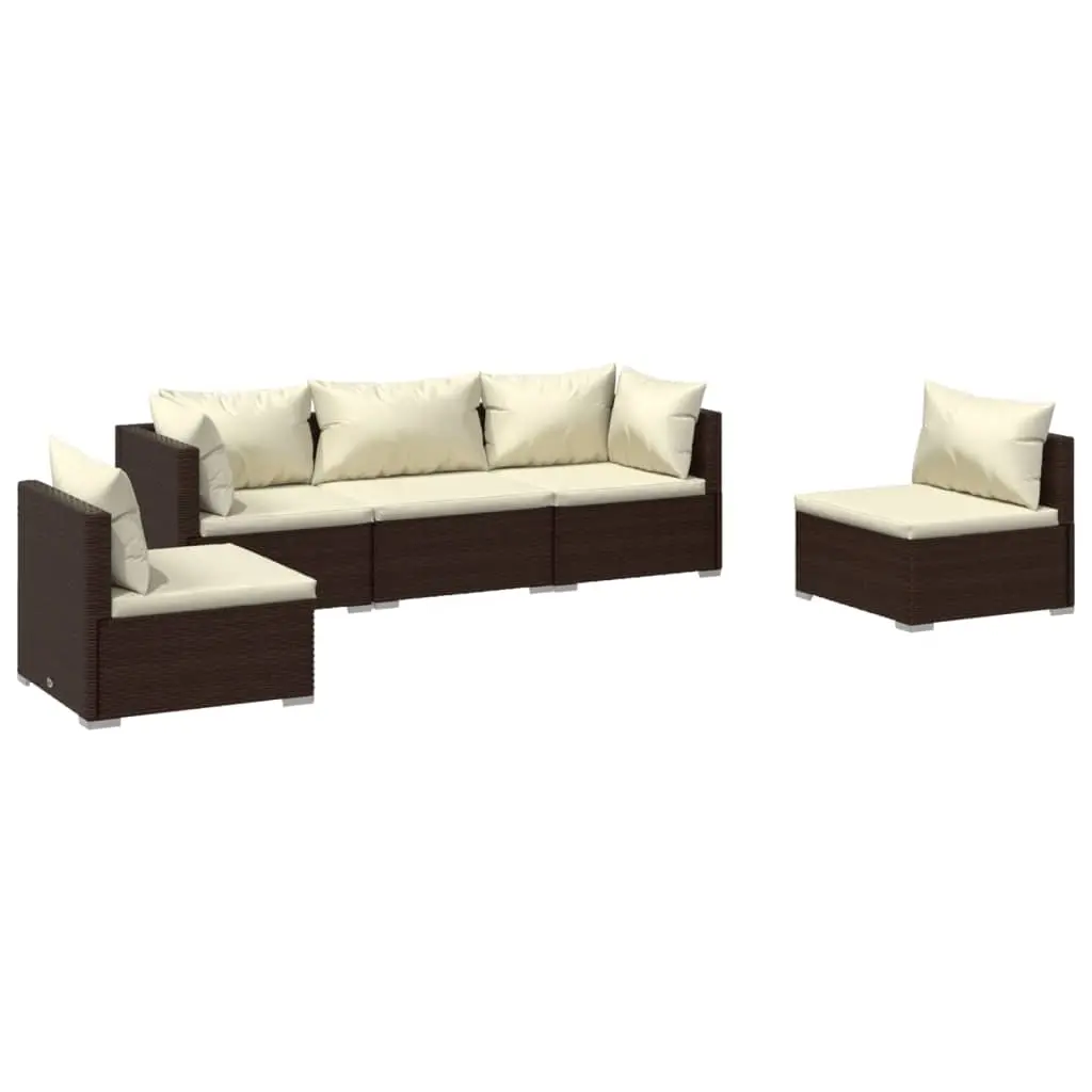 5 Piece Garden Lounge Set with Cushions Poly Rattan Brown 3102186 - Furniture