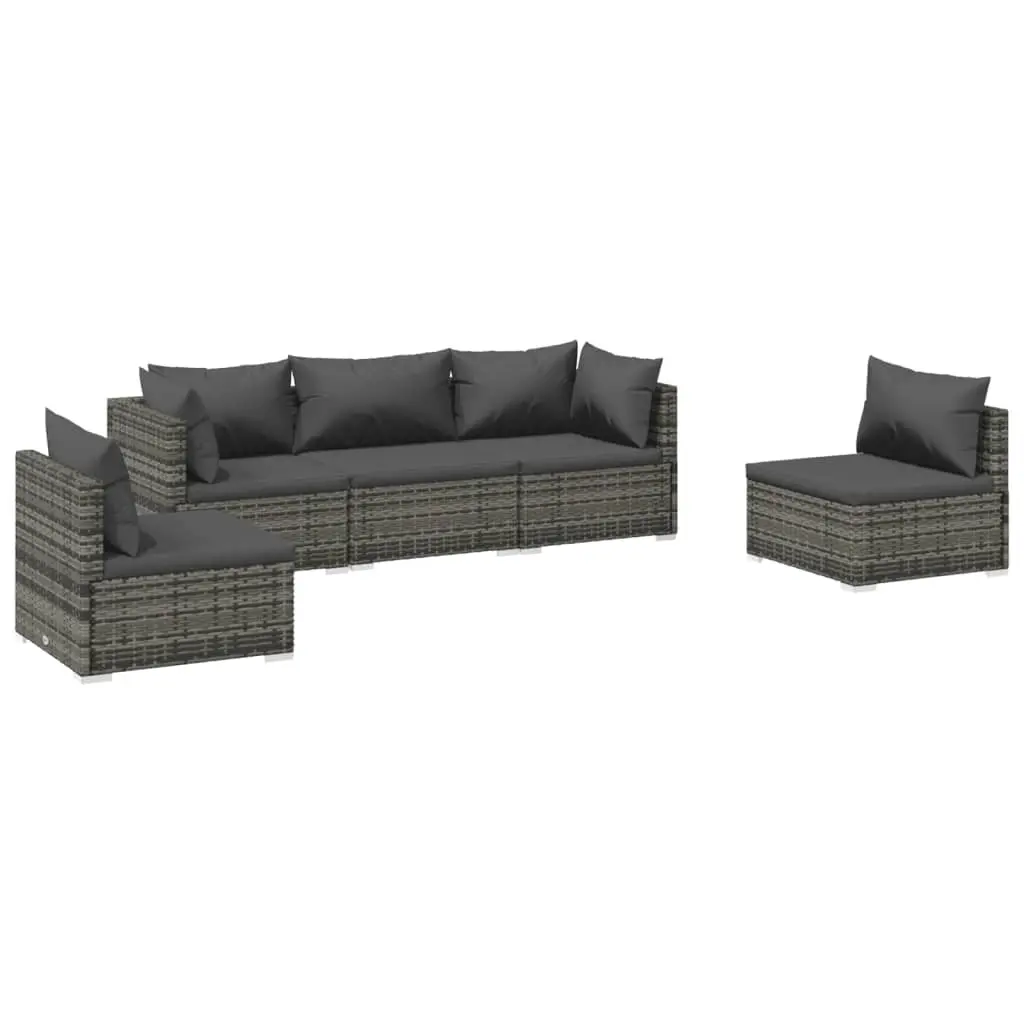 5 Piece Garden Lounge Set with Cushions Poly Rattan Grey 3102189 - Furniture