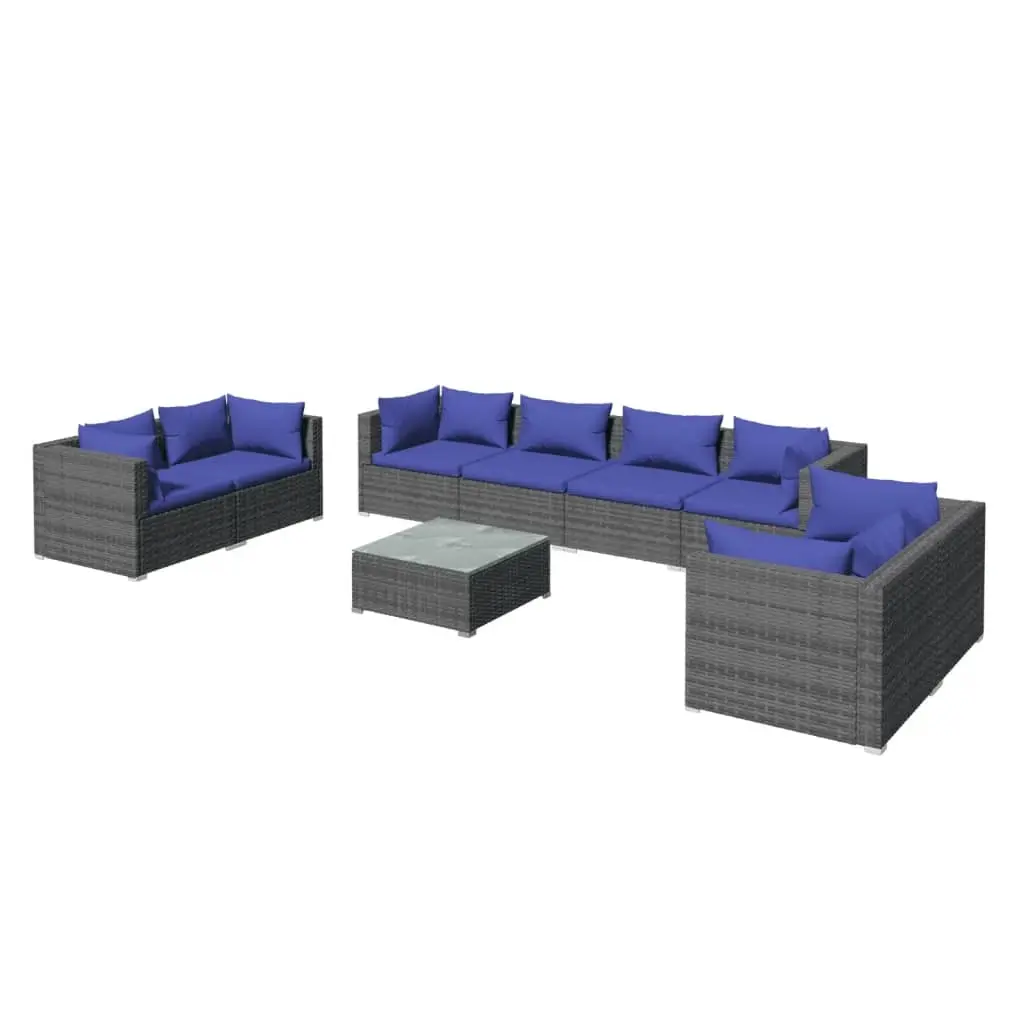 9 Piece Garden Lounge Set with Cushions Poly Rattan Grey 3102294 - Furniture