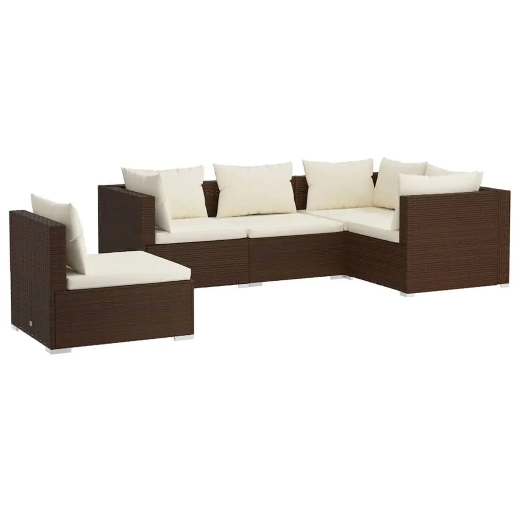 5 Piece Garden Lounge Set with Cushions Poly Rattan Brown 3102314 - Furniture