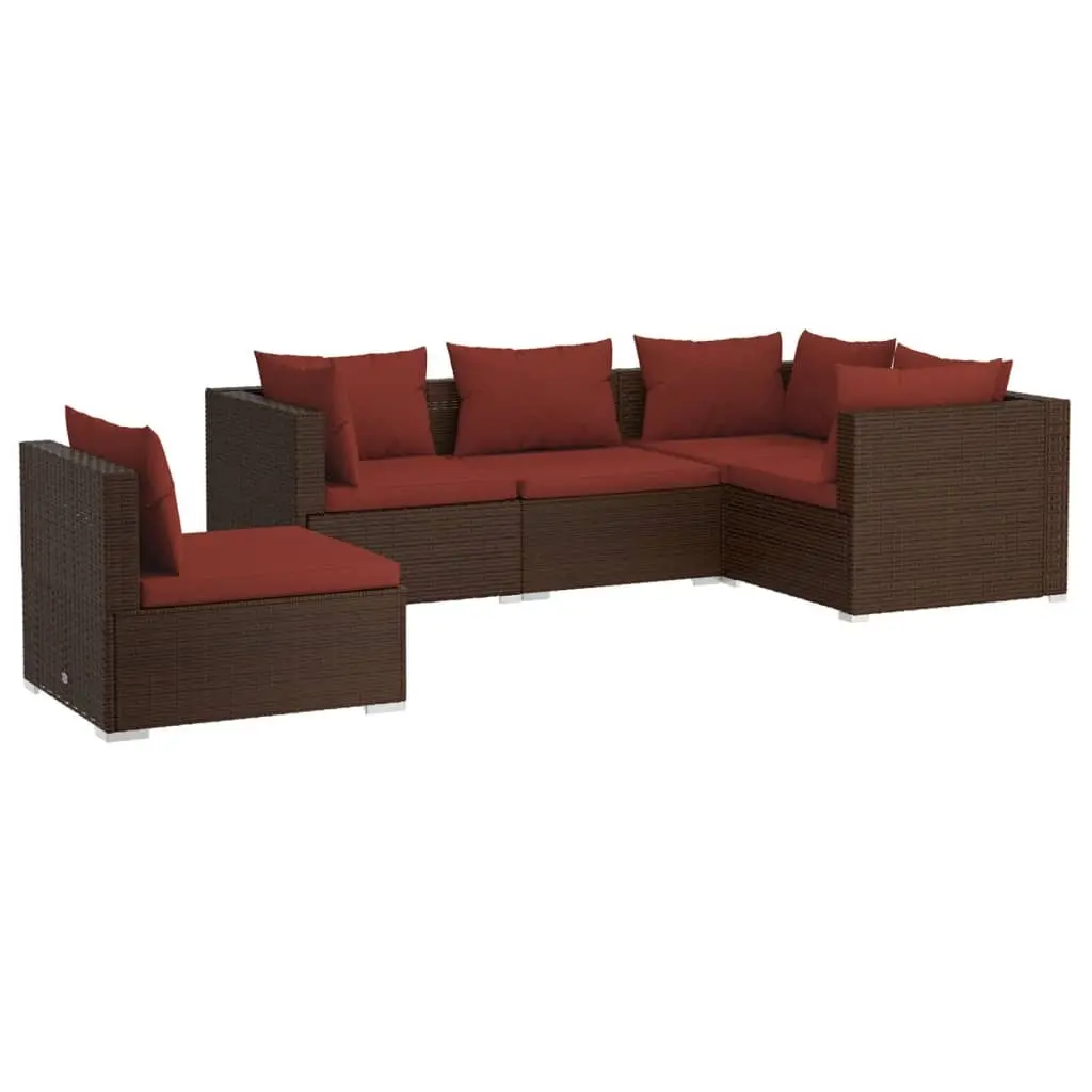 5 Piece Garden Lounge Set with Cushions Poly Rattan Brown 3102315 - Furniture