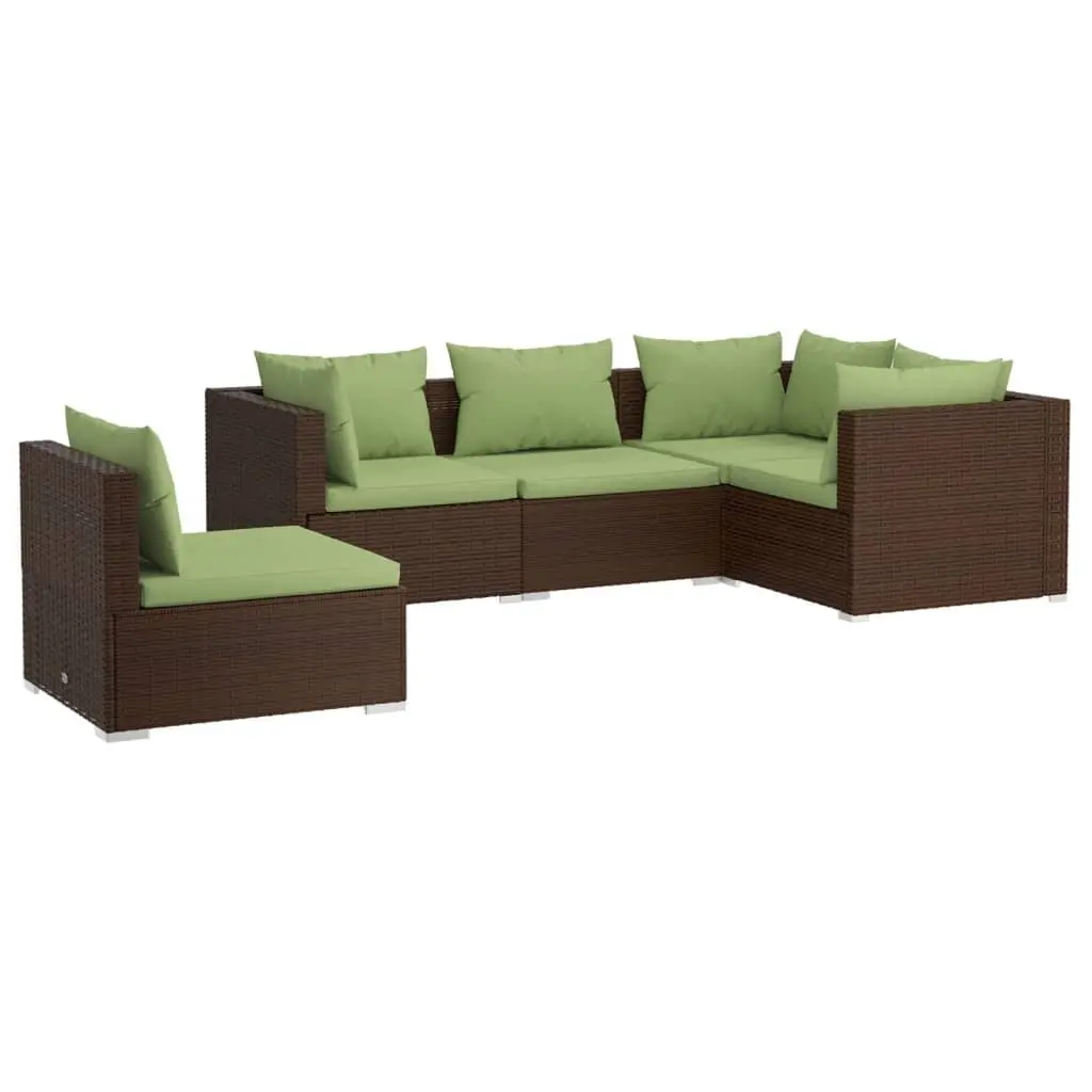 5 Piece Garden Lounge Set with Cushions Poly Rattan Brown 3102316 - Furniture