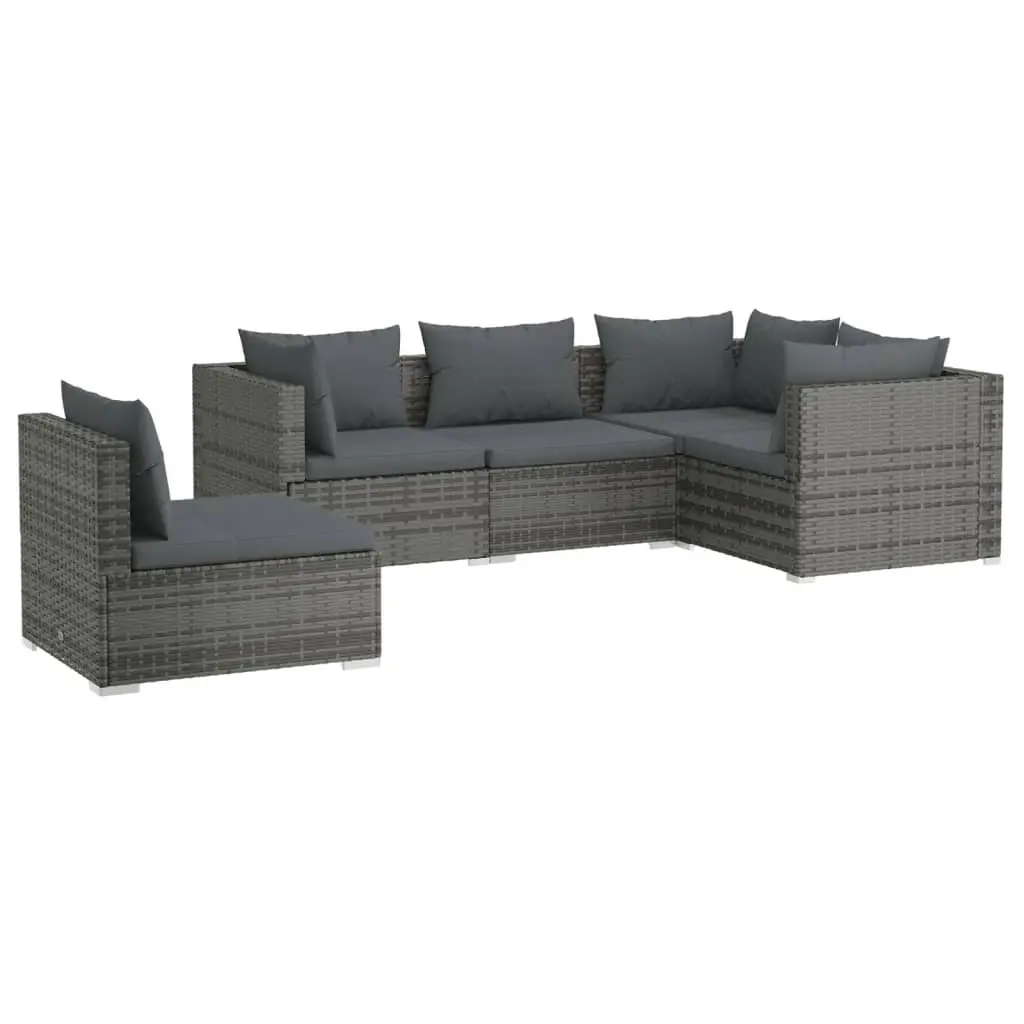 5 Piece Garden Lounge Set with Cushions Poly Rattan Grey 3102317 - Furniture