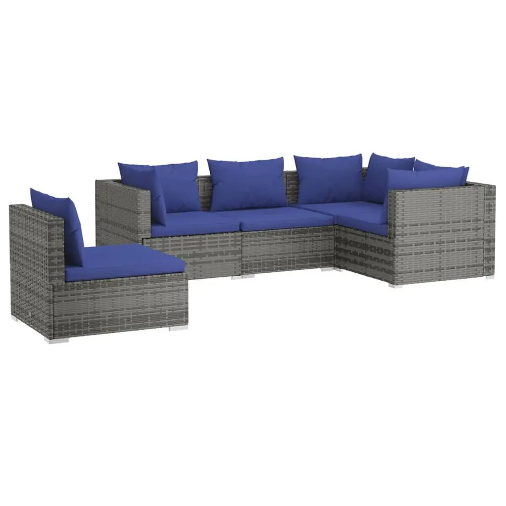 5 Piece Garden Lounge Set with Cushions Poly Rattan Grey 3102318 - Furniture