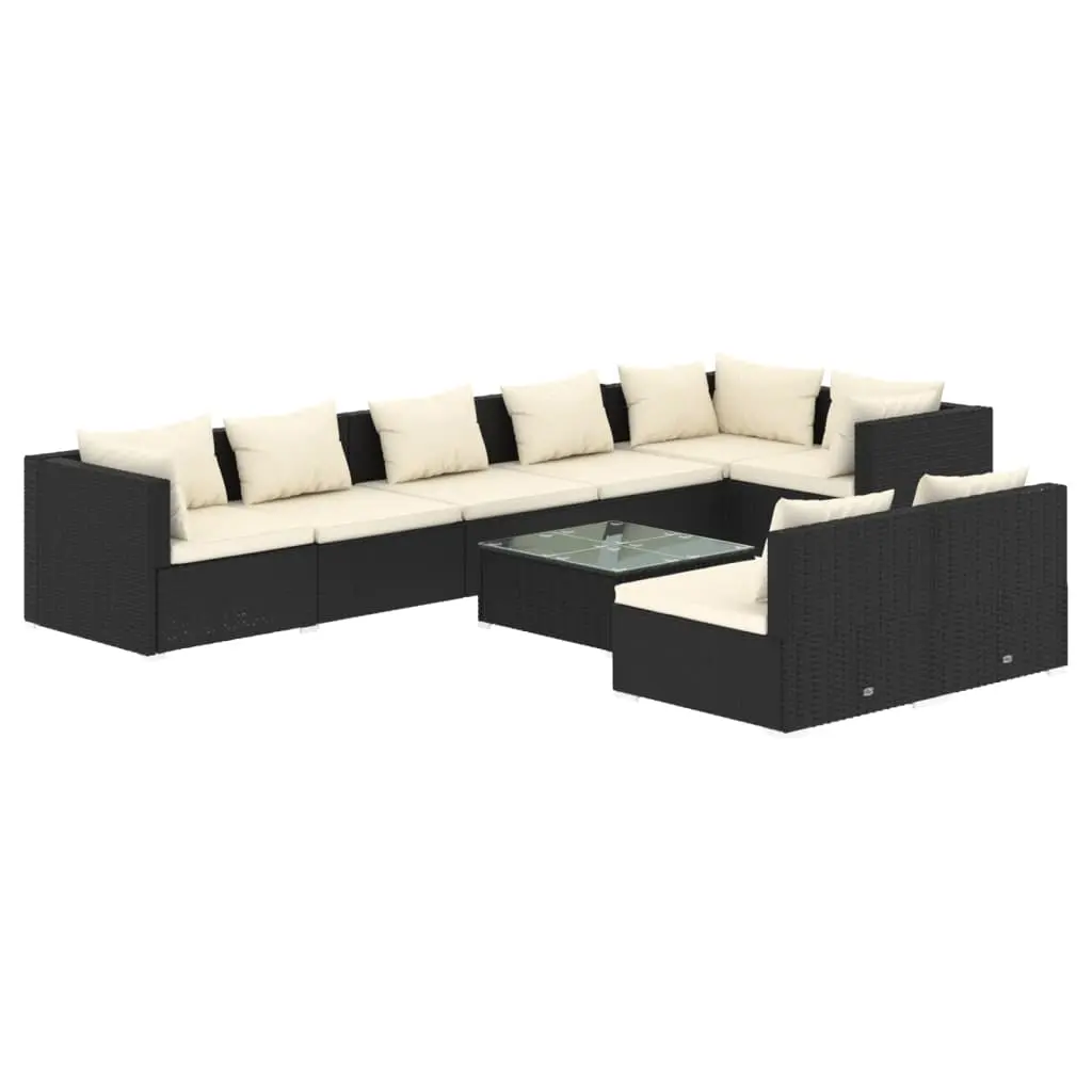 9 Piece Garden Lounge Set with Cushions Black Poly Rattan 3102407 - Furniture