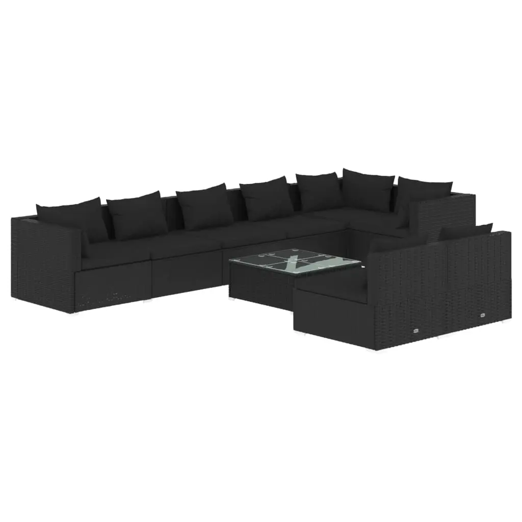 9 Piece Garden Lounge Set with Cushions Black Poly Rattan 3102408 - Furniture