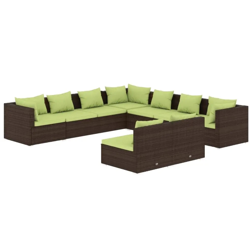 9 Piece Garden Lounge Set with Cushions Brown Poly Rattan 3102420 - Furniture