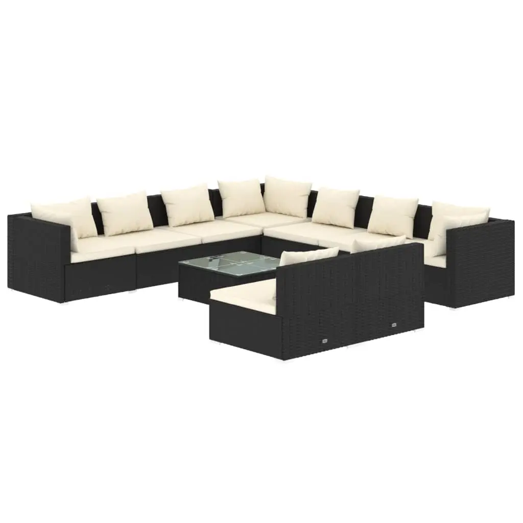 10 Piece Garden Lounge Set with Cushions Black Poly Rattan 3102423 - Furniture