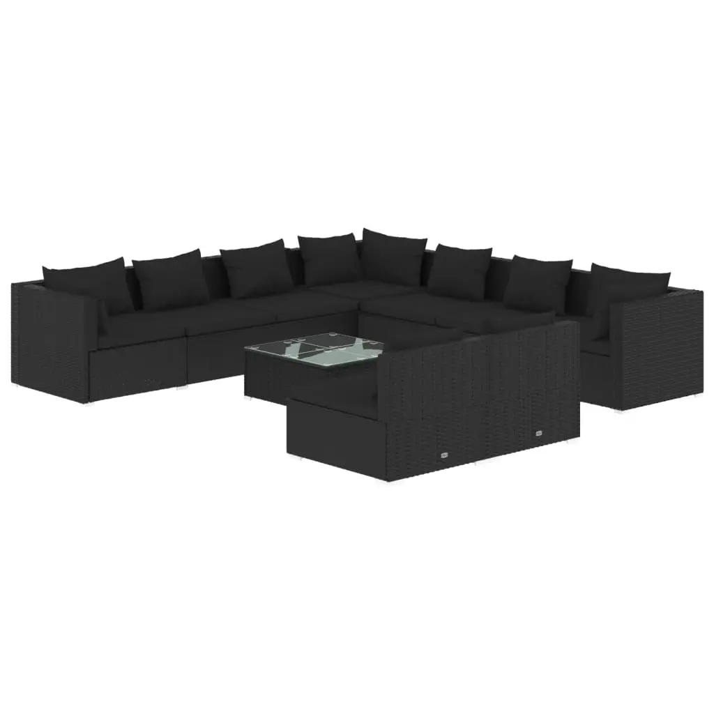 10 Piece Garden Lounge Set with Cushions Black Poly Rattan 3102424 - Furniture