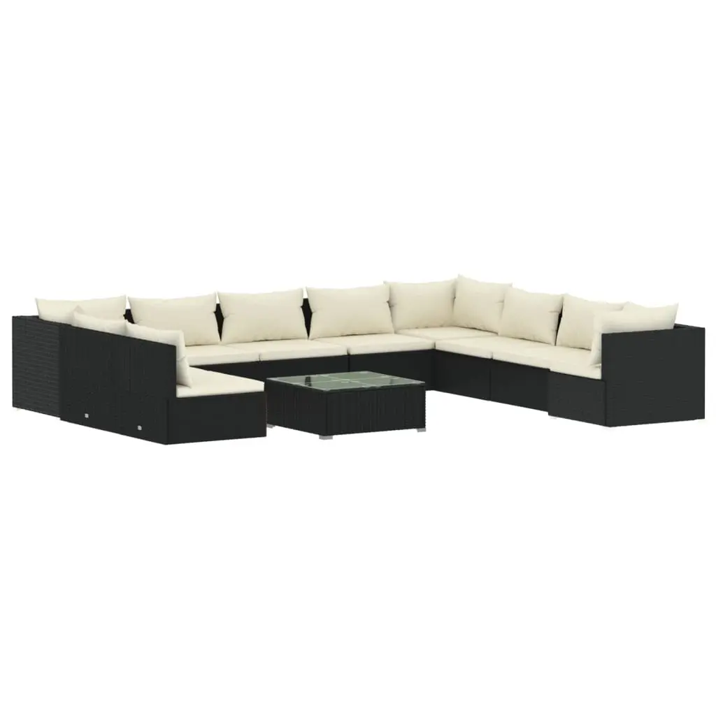 11 Piece Garden Lounge Set with Cushions Black Poly Rattan 3102439 - Furniture