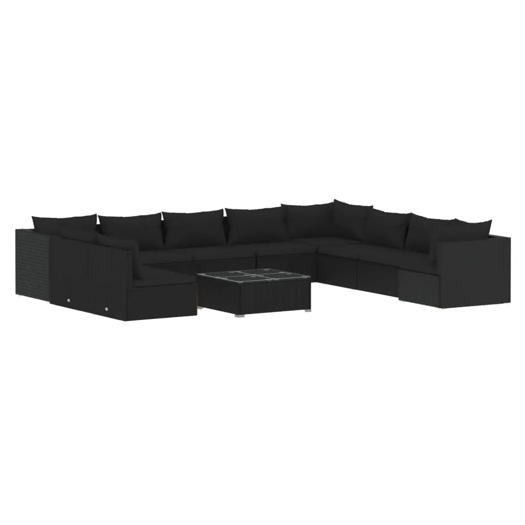 11 Piece Garden Lounge Set with Cushions Black Poly Rattan 3102440 - Furniture