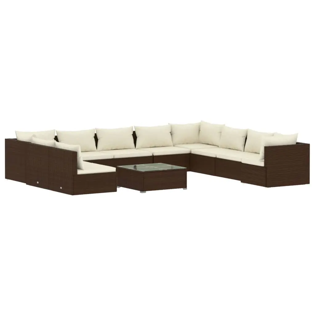 11 Piece Garden Lounge Set with Cushions Brown Poly Rattan 3102442 - Furniture