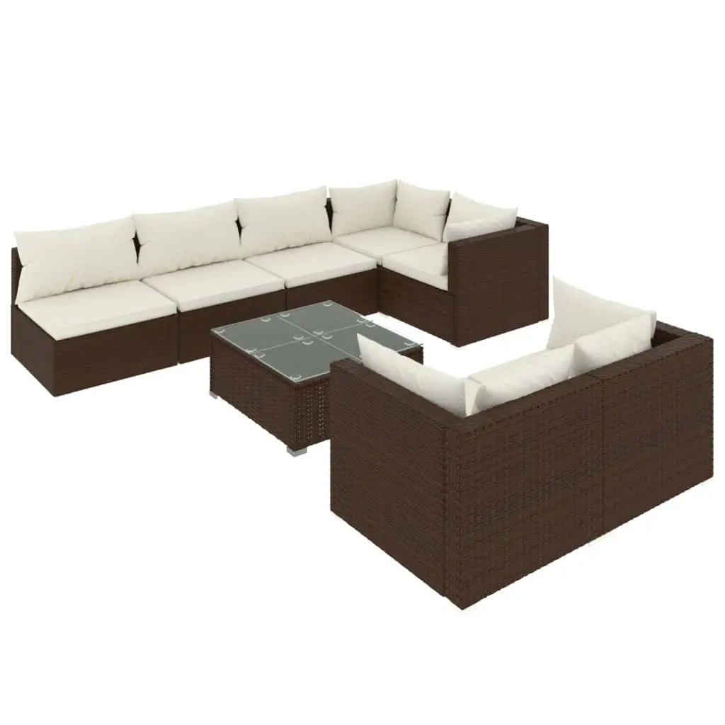 8 Piece Garden Lounge Set with Cushions Brown Poly Rattan 3102466 - Furniture