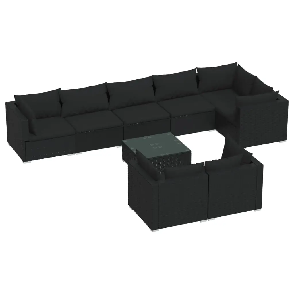 9 Piece Garden Lounge Set with Cushions Black Poly Rattan 3102488 - Furniture