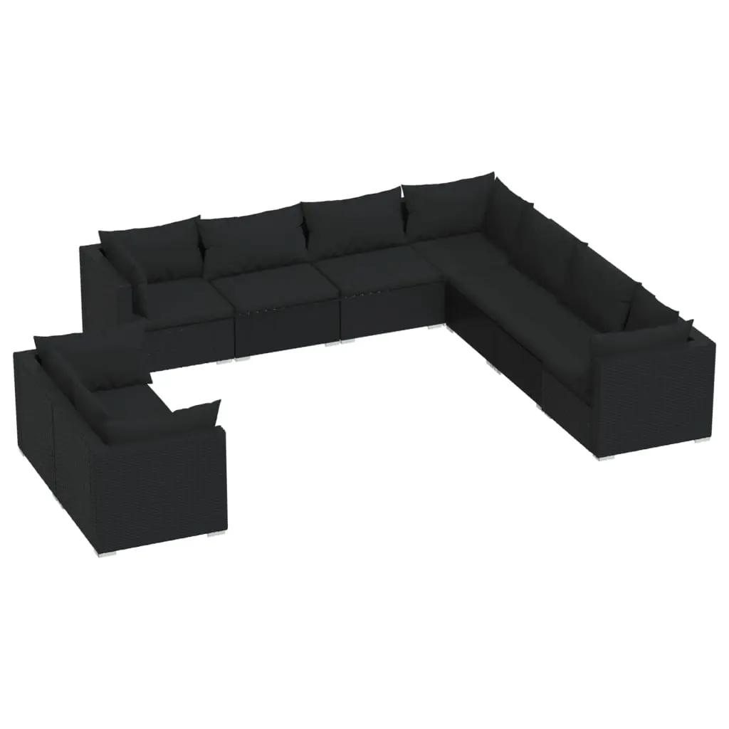 9 Piece Garden Lounge Set with Cushions Black Poly Rattan 3102496 - Furniture