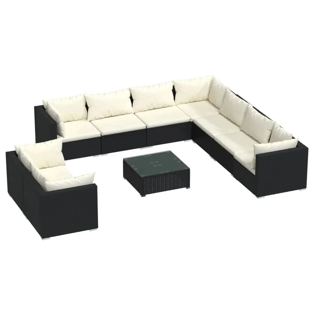 10 Piece Garden Lounge Set with Cushions Black Poly Rattan 3102503 - Furniture