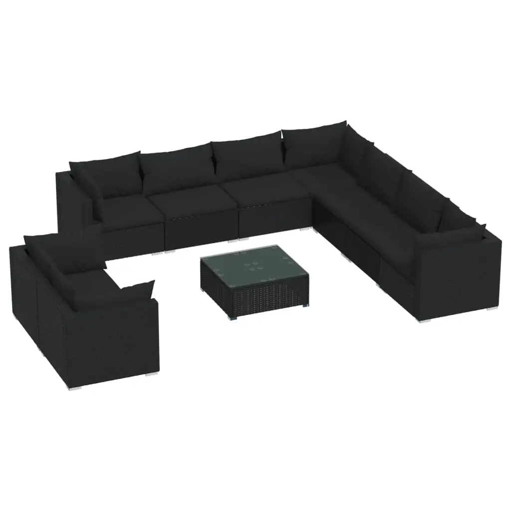 10 Piece Garden Lounge Set with Cushions Black Poly Rattan 3102504 - Furniture