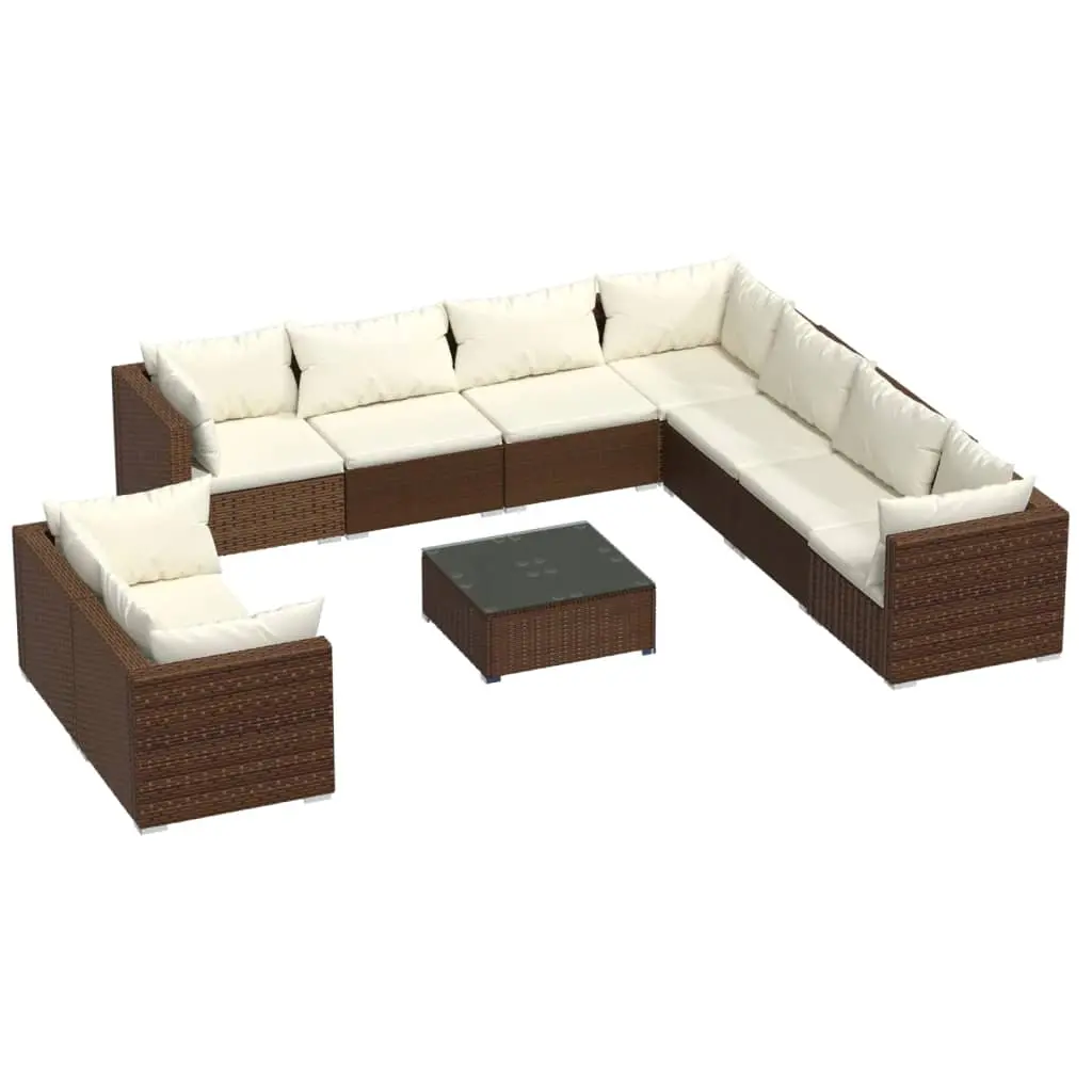 10 Piece Garden Lounge Set with Cushions Brown Poly Rattan 3102506 - Furniture