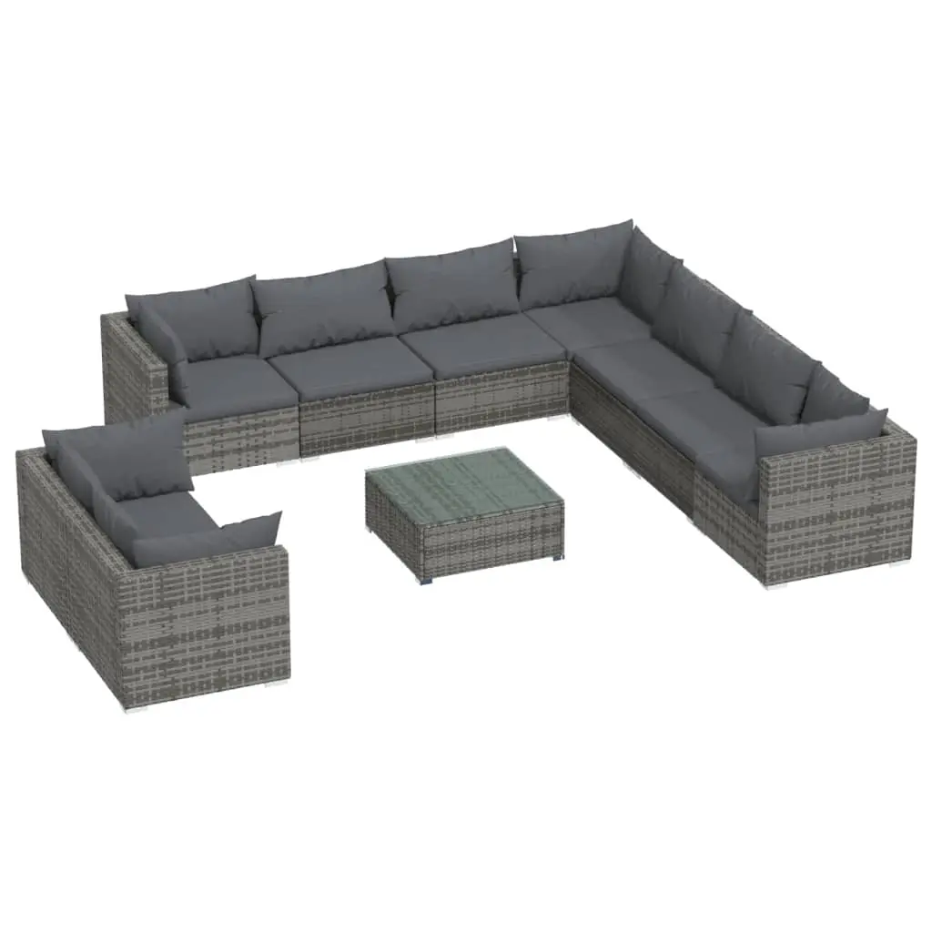 10 Piece Garden Lounge Set with Cushions Grey Poly Rattan 3102509 - Furniture