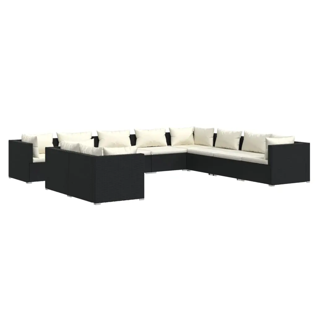10 Piece Garden Lounge Set with Cushions Black Poly Rattan 3102511 - Furniture