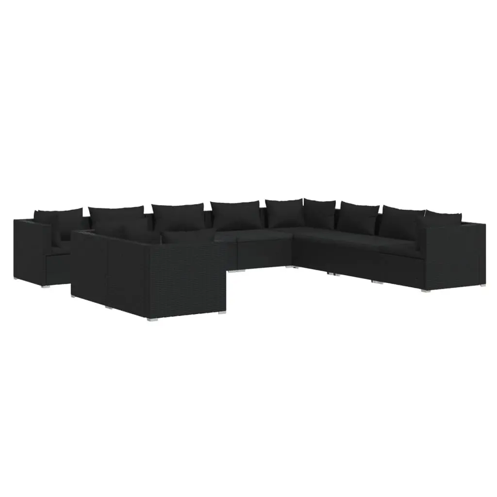 10 Piece Garden Lounge Set with Cushions Black Poly Rattan 3102512 - Furniture