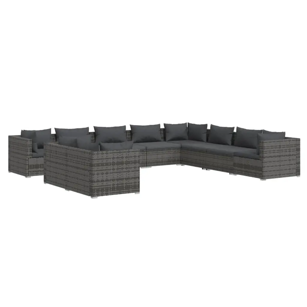 10 Piece Garden Lounge Set with Cushions Grey Poly Rattan 3102517 - Furniture