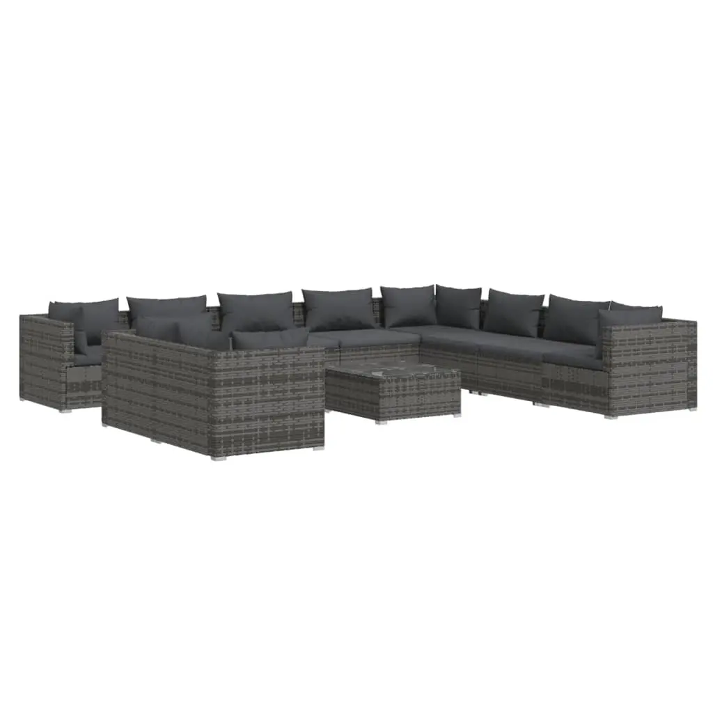 11 Piece Garden Lounge Set with Cushions Grey Poly Rattan 3102525 - Furniture
