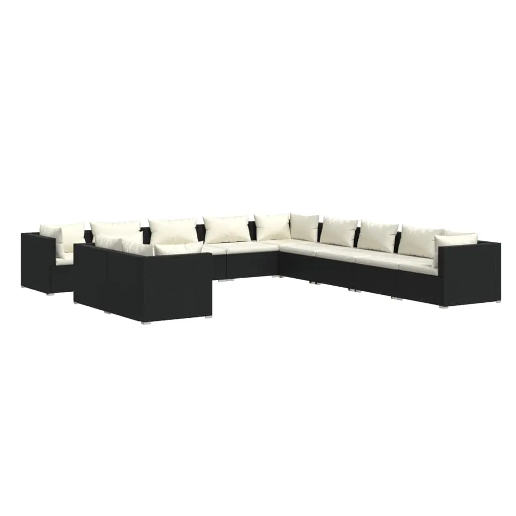 11 Piece Garden Lounge Set with Cushions Black Poly Rattan 3102527 - Furniture