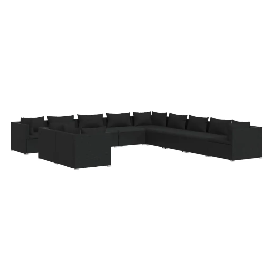 11 Piece Garden Lounge Set with Cushions Black Poly Rattan 3102528 - Furniture