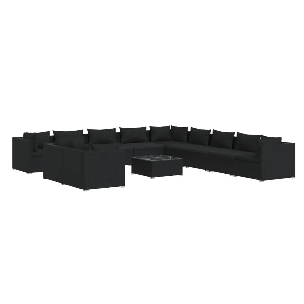 12 Piece Garden Lounge Set with Cushions Black Poly Rattan 3102536 - Furniture