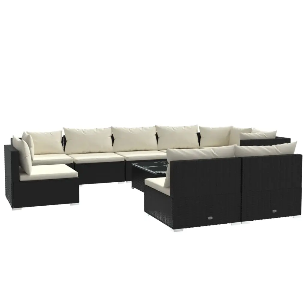 10 Piece Garden Lounge Set with Cushions Poly Rattan Black 3102567 - Furniture