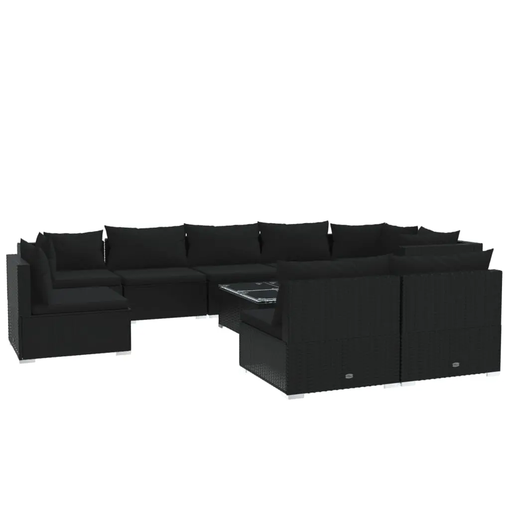 10 Piece Garden Lounge Set with Cushions Poly Rattan Black 3102568 - Furniture