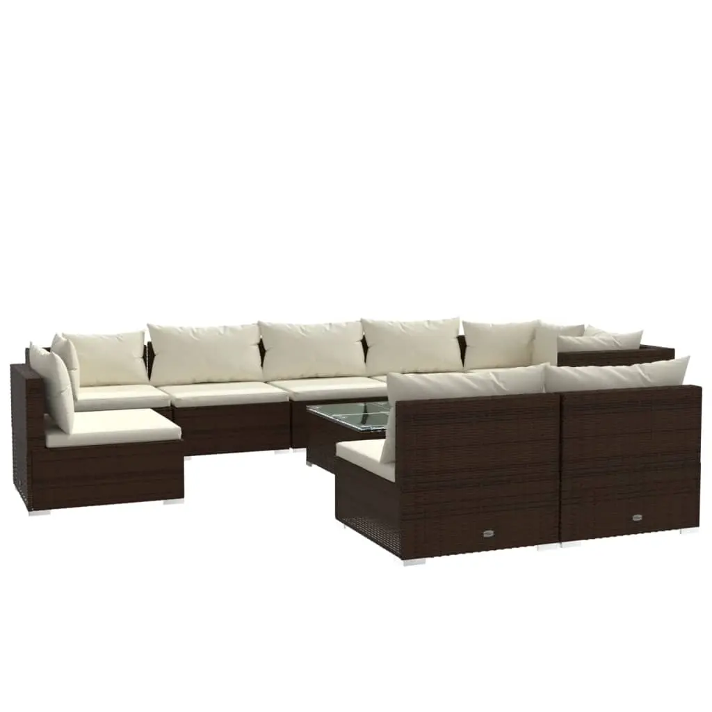 10 Piece Garden Lounge Set with Cushions Poly Rattan Brown 3102570 - Furniture