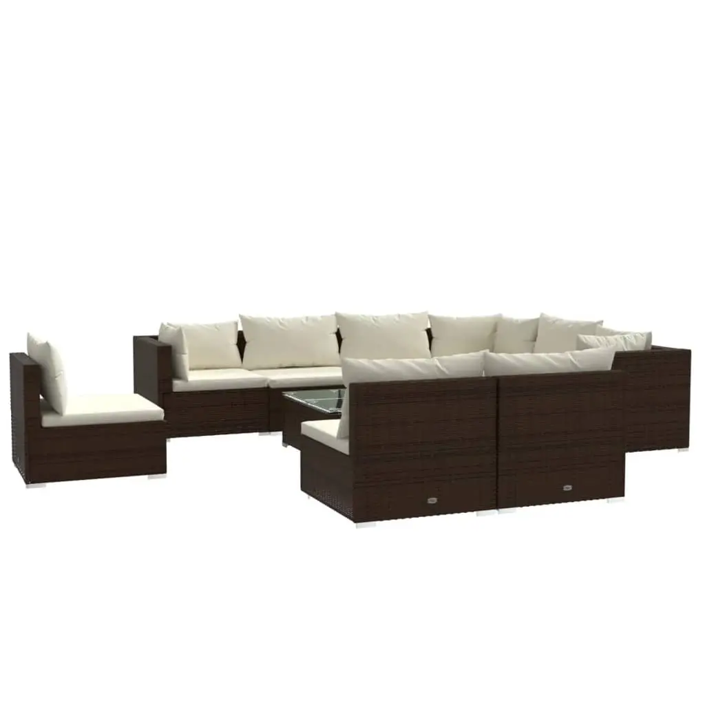 10 Piece Garden Lounge Set with Cushions Poly Rattan Brown 3102586 - Furniture