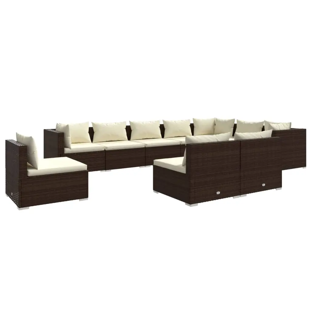 10 Piece Garden Lounge Set with Cushions Poly Rattan Brown 3102594 - Furniture
