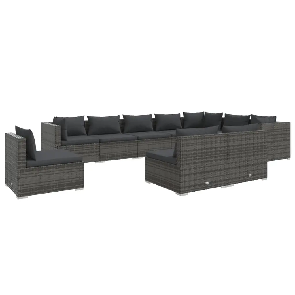 10 Piece Garden Lounge Set with Cushions Poly Rattan Grey 3102597 - Furniture