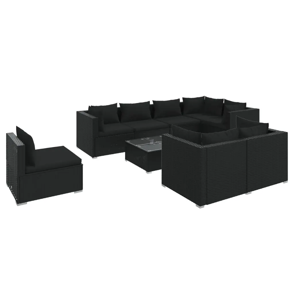 9 Piece Garden Lounge Set with Cushions Poly Rattan Black 3102616 - Furniture