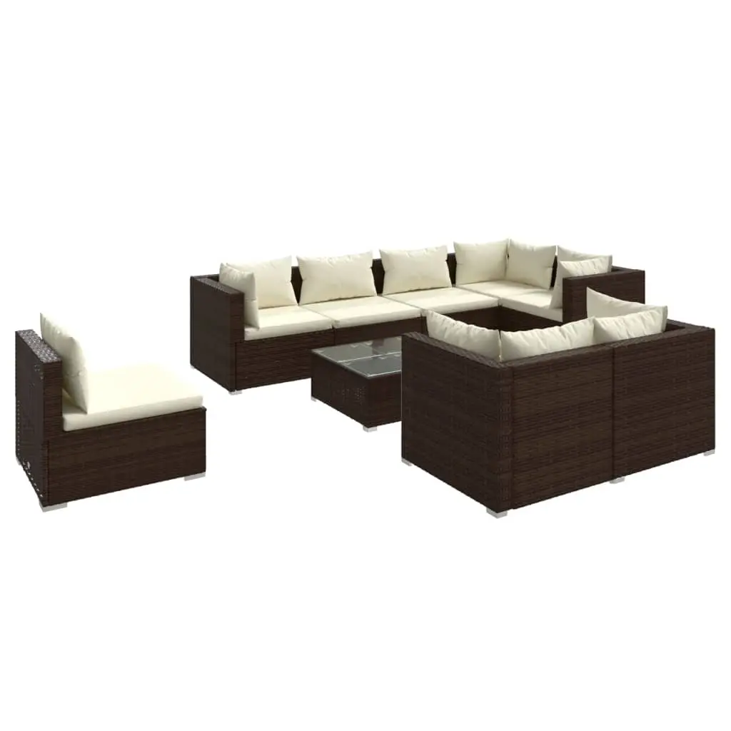 9 Piece Garden Lounge Set with Cushions Poly Rattan Brown 3102618 - Furniture