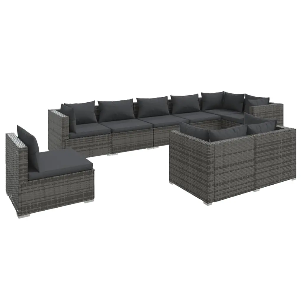 9 Piece Garden Lounge Set with Cushions Poly Rattan Grey 3102629 - Furniture