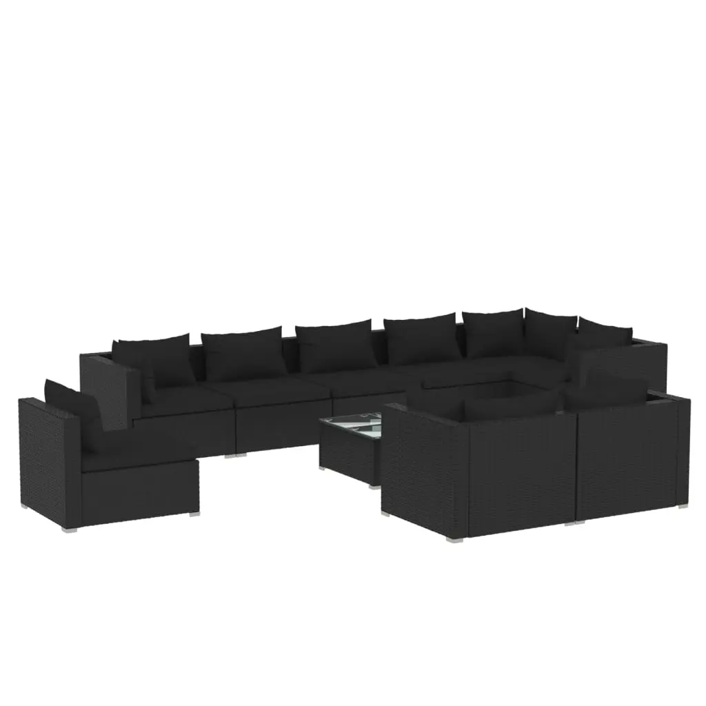 10 Piece Garden Lounge Set with Cushions Poly Rattan Black 3102632 - Furniture
