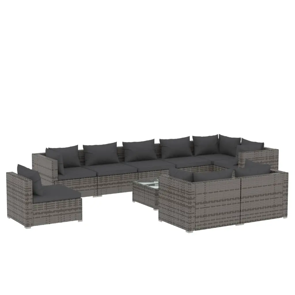 10 Piece Garden Lounge Set with Cushions Poly Rattan Grey 3102637 - Furniture