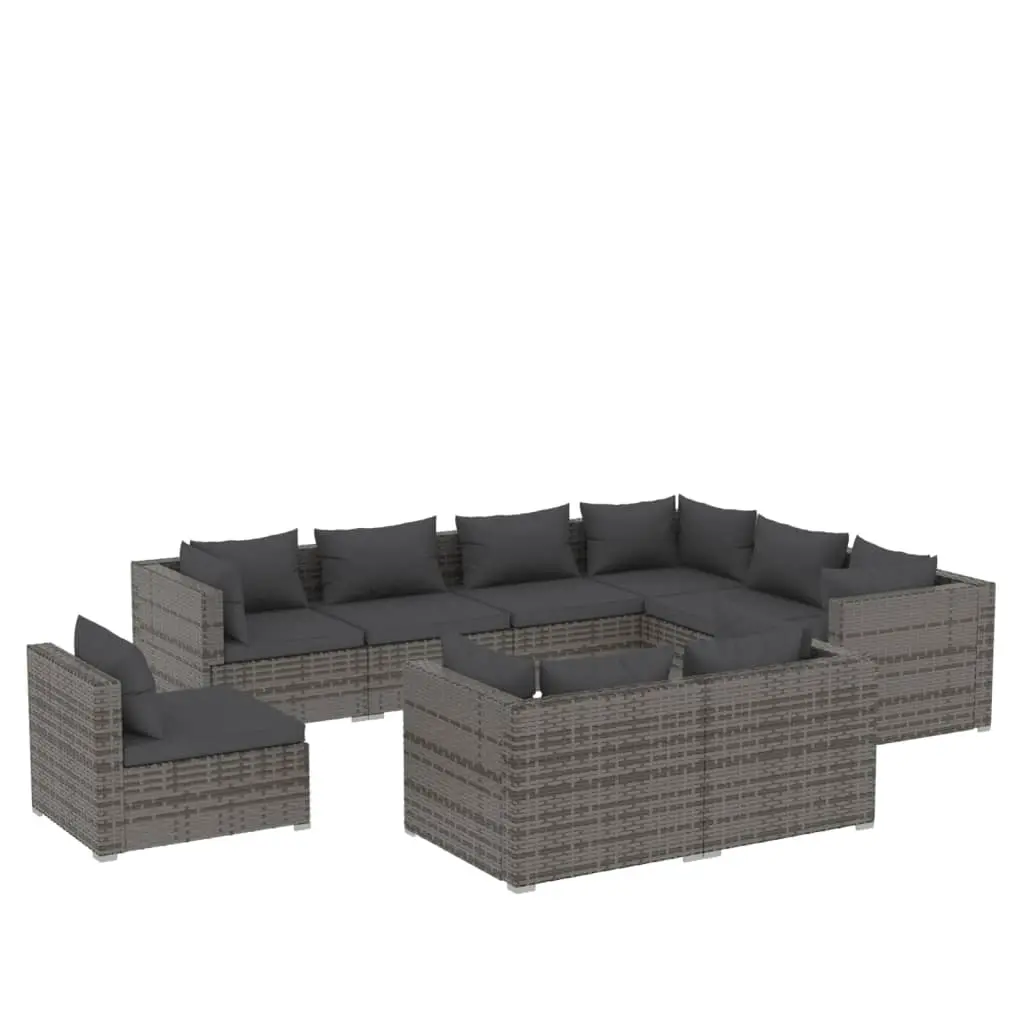 9 Piece Garden Lounge Set with Cushions Poly Rattan Grey 3102645 - Furniture