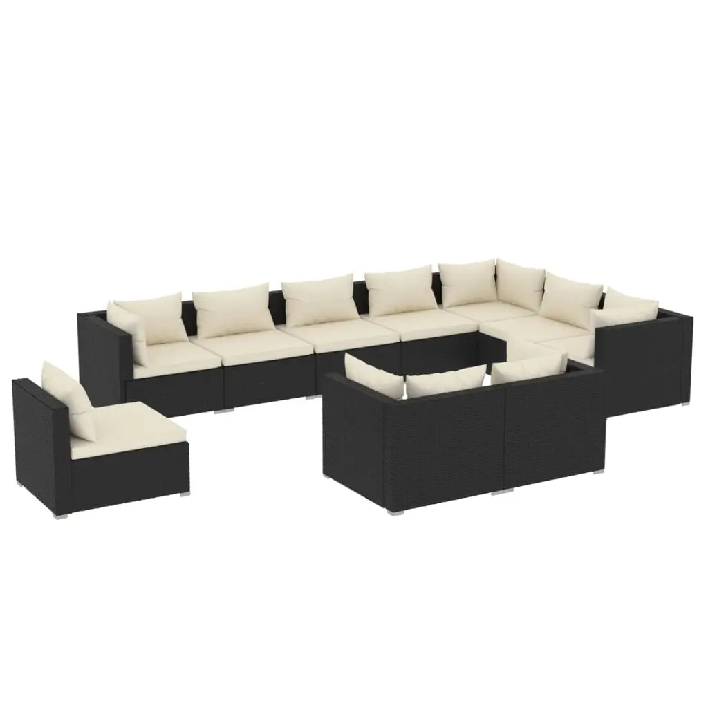 10 Piece Garden Lounge Set with Cushions Poly Rattan Black 3102655 - Furniture