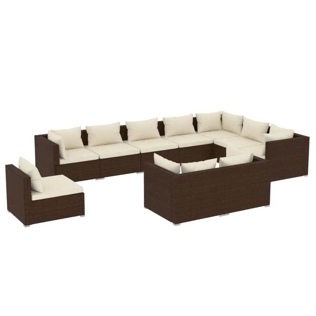 10 Piece Garden Lounge Set with Cushions Poly Rattan Brown 3102658 - Furniture