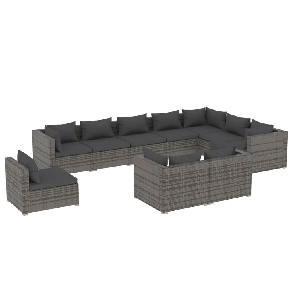 10 Piece Garden Lounge Set with Cushions Poly Rattan Grey 3102661 - Furniture