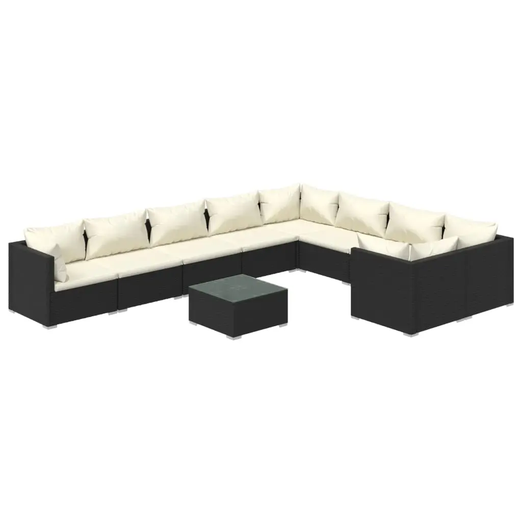 10 Piece Garden Lounge Set with Cushions Poly Rattan Black 3102767 - Furniture