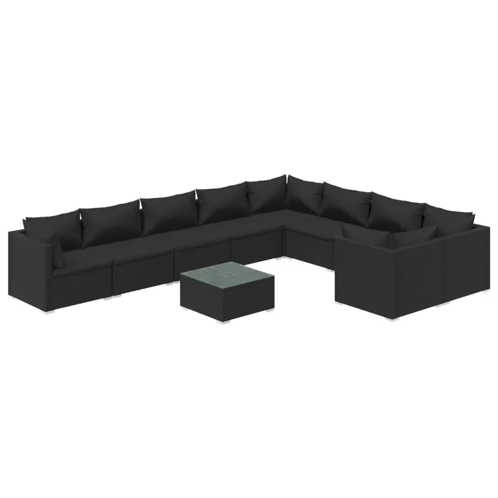 10 Piece Garden Lounge Set with Cushions Poly Rattan Black 3102768 - Furniture